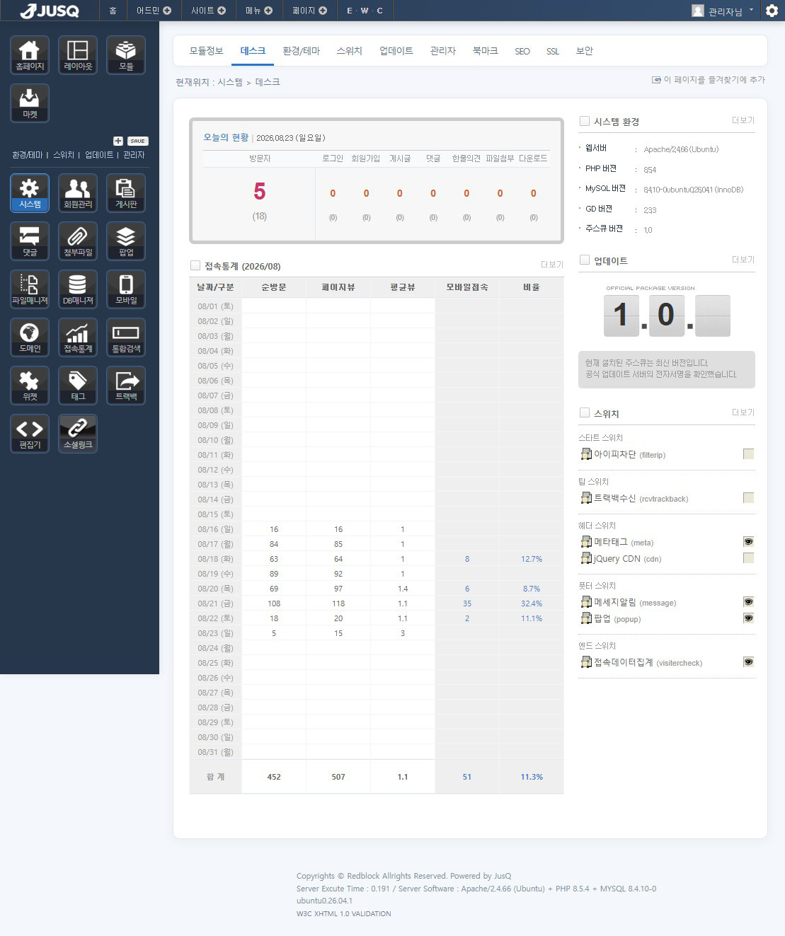 JusQ 관리자 모드 대시보드